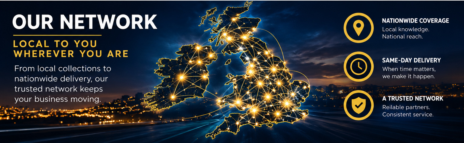 Our Network: UK-wide coverage map and three service benefits — nationwide coverage, same-day delivery and a trusted network