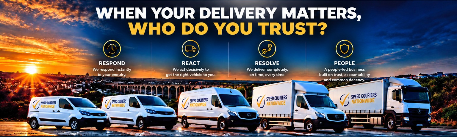 When your delivery matters, who do you trust? Respond, React, Resolve, People. Speed Couriers Nationwide branded fleet at sunset.